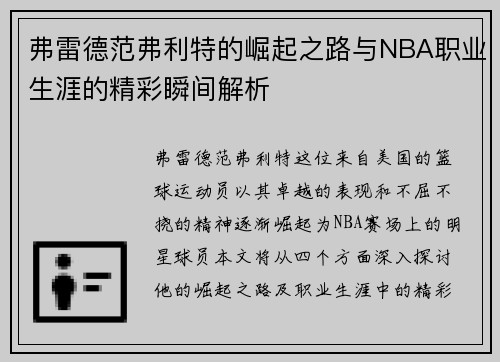 弗雷德范弗利特的崛起之路与NBA职业生涯的精彩瞬间解析